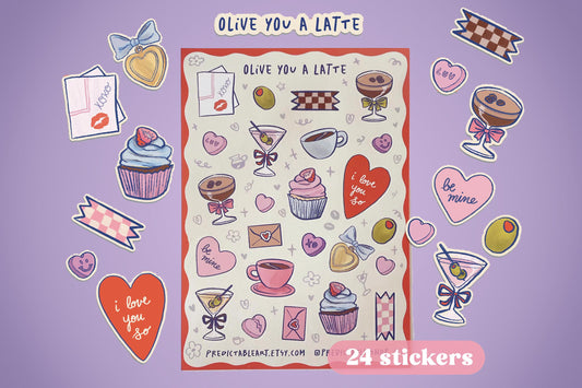 Olive You A Latte Matte Vinyl Sticker Sheet | 24pc sheet of Hand-drawn Illustrations