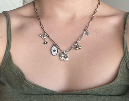 Sweetheart Charm Necklace: Silver Bow, Cherry, Tulip, Martini Charms