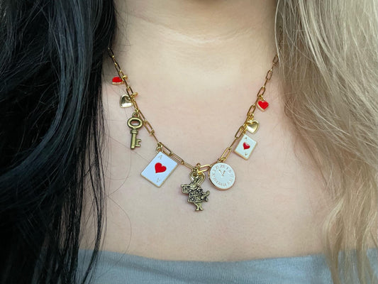 Alice in Wonderland Themed Bronze & Gold Charm Chain Necklace