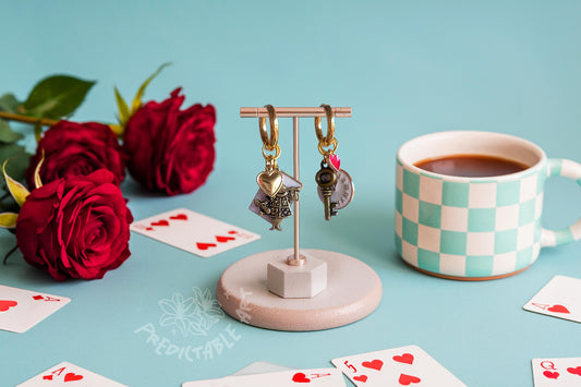 Alice in Wonderland Themed Bronze & Gold Charm Huggie Hoop Earrings