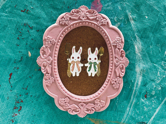 Whimsical White Rabbits with Silverware | Alice in Wonderland Inspired Enamel Pin Set of 2