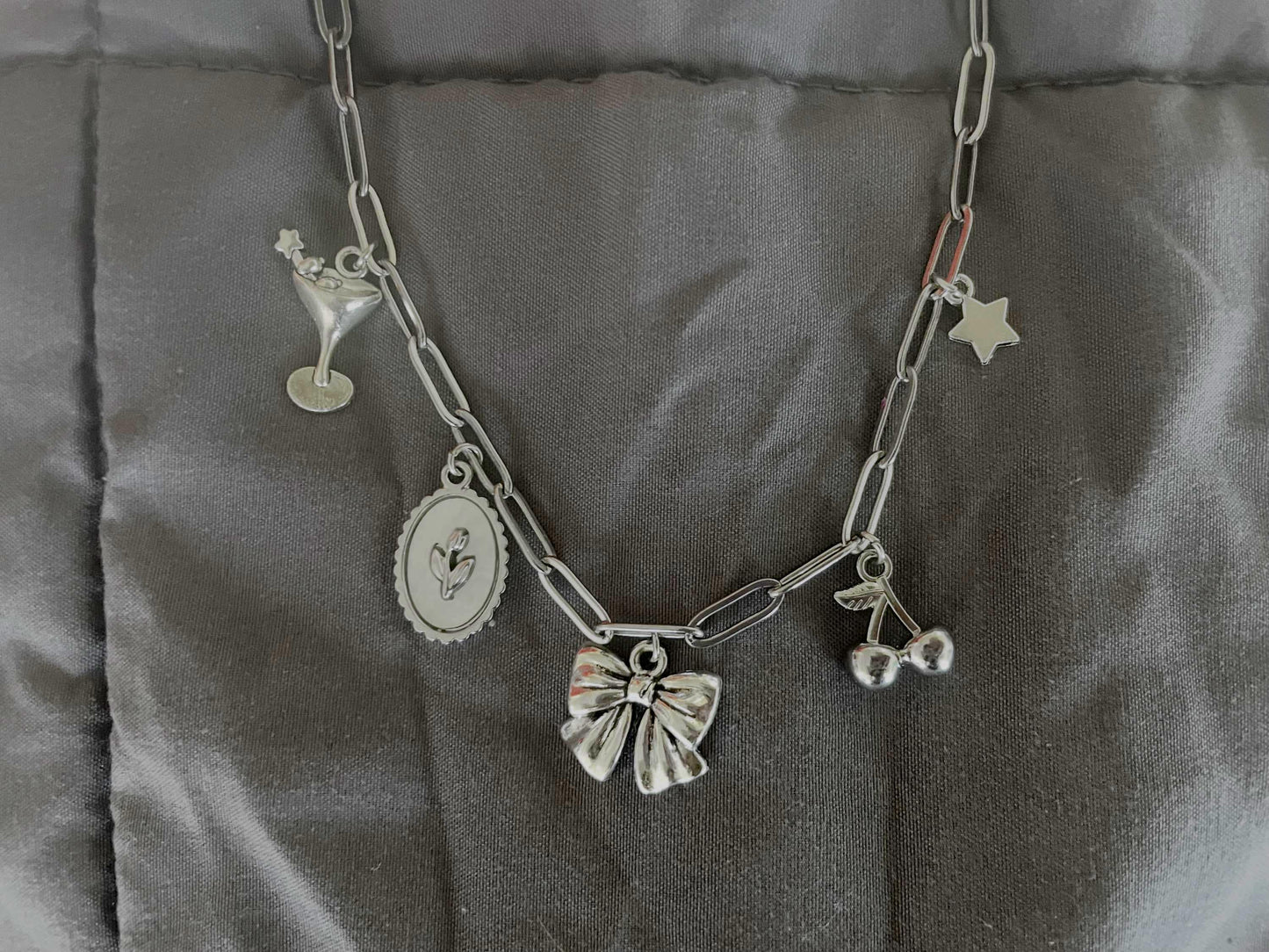 Sweetheart Charm Necklace: Silver Bow, Cherry, Tulip, Martini Charms