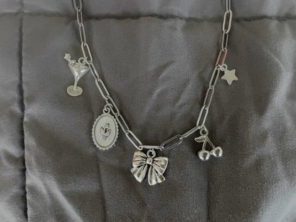 Sweetheart Charm Necklace: Silver Bow, Cherry, Tulip, Martini Charms