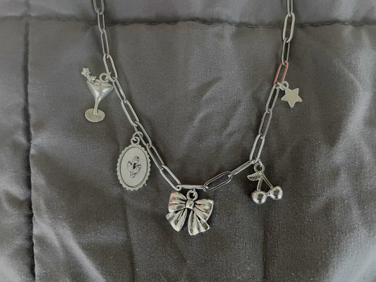 Sweetheart Charm Necklace: Silver Bow, Cherry, Tulip, Martini Charms