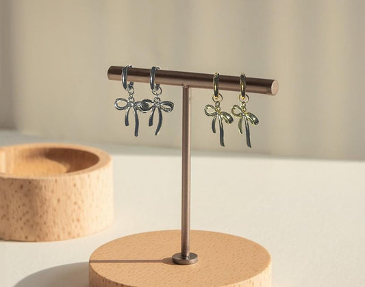 Rhinestone Bow Huggie Hoop Earrings | available in Gold & Silver