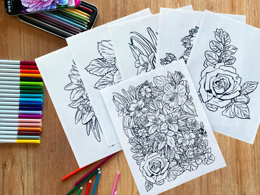 Printable Flower Garden Hand-Drawn Floral Coloring Sheets | Instant PDF Digital Download