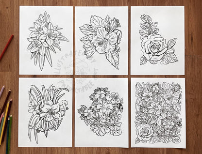 Printable Flower Garden Hand-Drawn Floral Coloring Sheets | Instant PDF Digital Download