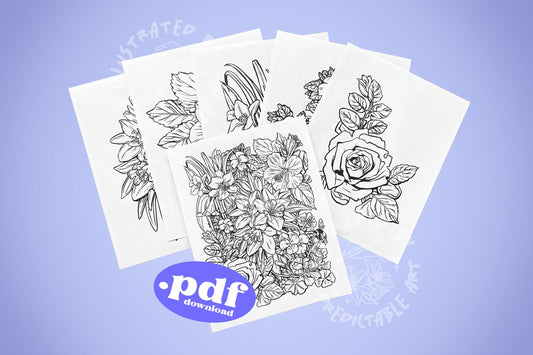 Printable Flower Garden Hand-Drawn Floral Coloring Sheets | Instant PDF Digital Download