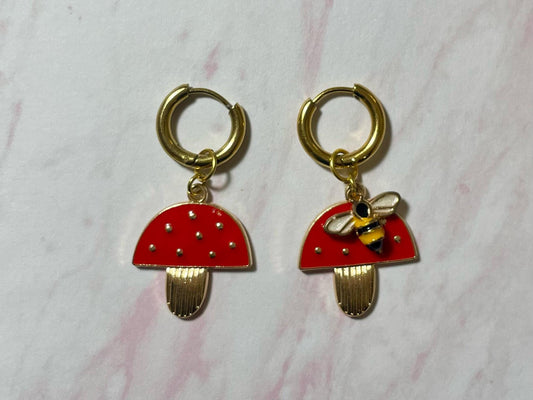 Mushroom & Bumblebee Enamel Charm Gold Huggie Hoop Earrings