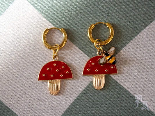 Mushroom & Bumblebee Enamel Charm Gold Huggie Hoop Earrings