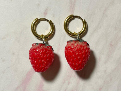 Strawberry Fruit Charm Huggie Hoop Earrings | Available in Gold or Silver