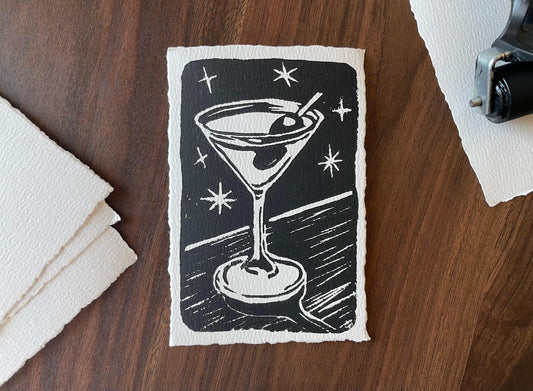 Dirty Martini, Extra Olive | 4x6" Original Hand-Carved Linocut Block Print