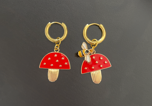 Mushroom & Bumblebee Charm Gold Huggie Hoop Earrings